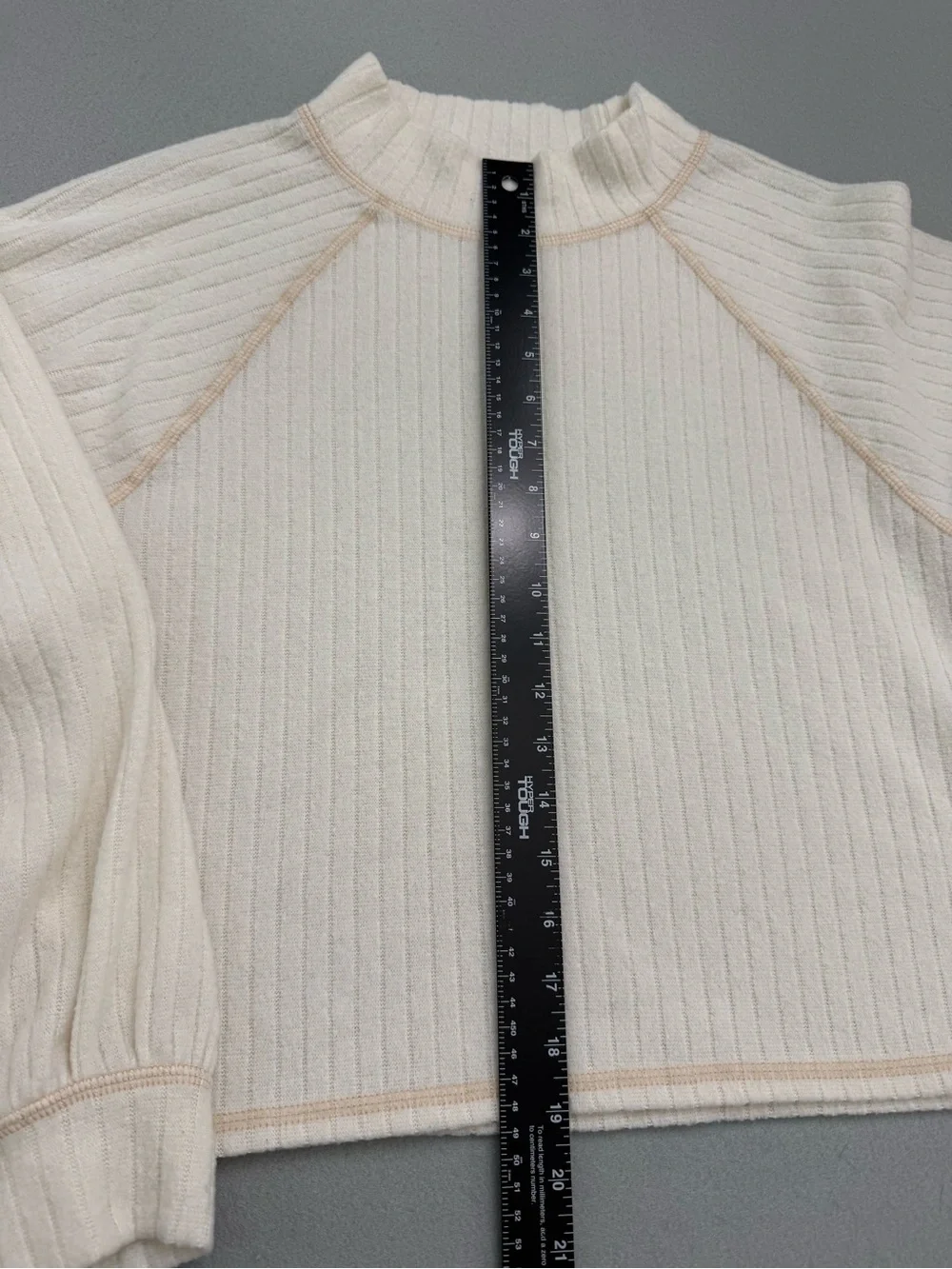 Lush Cream Ribbed Mock Neck Sweater with Contrast Stitching